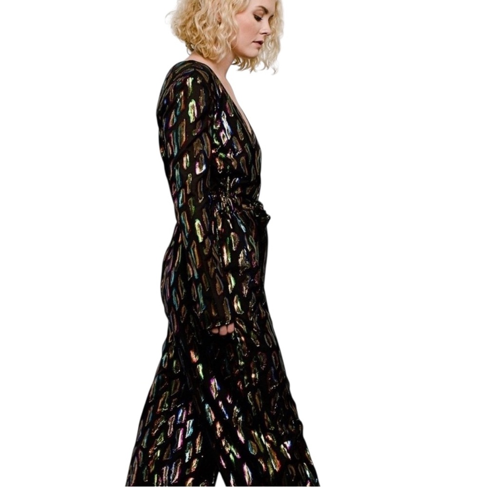 Rachel Zoe Mason Jumpsuit Women’s Size 4 Wrap Plunge Metallic Fil Coupe Voile - Picture 3 of 11